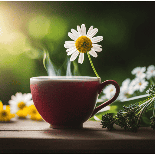 An image depicting a steaming cup of herbal tea, surrounded by fresh, vibrant herbs like chamomile, cranberry, and dandelion