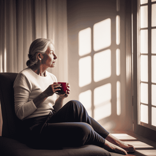 An image: A serene, minimalist scene with a woman sitting cross-legged on a cozy chair, peacefully sipping a steaming cup of herbal tea