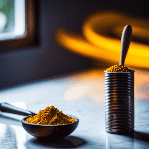 An image depicting a serene, sun-drenched kitchen counter adorned with vibrant yellow turmeric roots, a glass of golden turmeric-infused water, and a spoonful of powdered turmeric