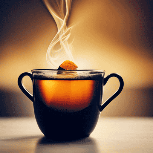 An image featuring a warm, steamy mug filled with a vibrant, golden-hued ginger and turmeric tea