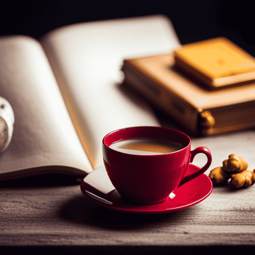 An image showcasing a tranquil setting with a warm cup of ginger and turmeric tea placed on a wooden table beside a pregnancy book, symbolizing safety and deliberation during early pregnancy