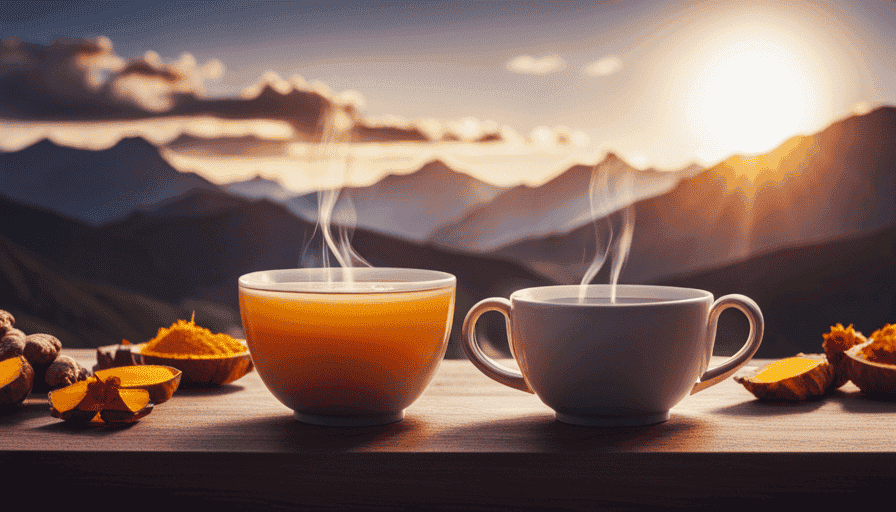 An image showcasing a steaming cup of ginger turmeric tea, rich golden in color