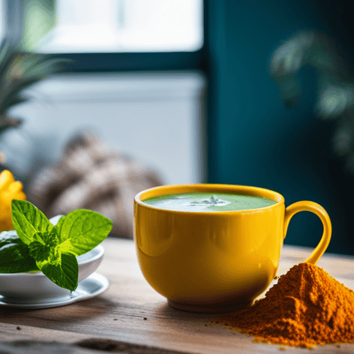 An image showcasing a serene, sunlit kitchen counter adorned with a vibrant green tea cup and a golden turmeric-infused smoothie bowl, surrounded by fresh ingredients like ginger, lemon, cinnamon, and mint