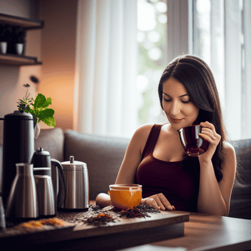 An image of a serene pregnant woman peacefully sipping on a steaming cup of herbal tea, surrounded by vibrant and diverse assortment of herbal tea leaves, showcasing the variety of safe herbal tea options during pregnancy