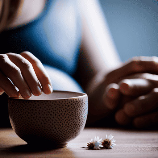 An image showcasing a serene pregnant woman gently cradling a steaming cup of herbal tea, surrounded by an assortment of vibrant, nutrient-rich herbs such as chamomile, ginger, and peppermint
