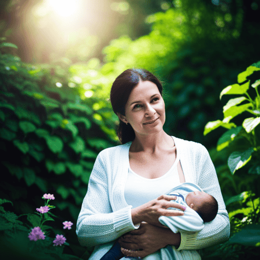 An image of a serene, breastfeeding mother holding a cup of herbal tea, surrounded by a lush garden filled with various herbs, symbolizing the delicate balance between nourishing her baby and exploring the safety of herbal tea