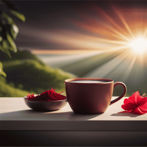 An image showcasing a serene, minimalist setting with a soothing cup of vibrant hibiscus tea, accompanied by a bowl of fresh, healing herbs, evoking a sense of relief and hope for those suffering from ulcerative colitis