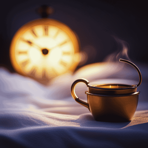 An image portraying a serene moonlit bedroom, where a steaming cup of golden turmeric tea sits on a nightstand alongside a clock showing both late night and early morning hours, evoking the question of when is the optimal time to enjoy this beneficial beverage
