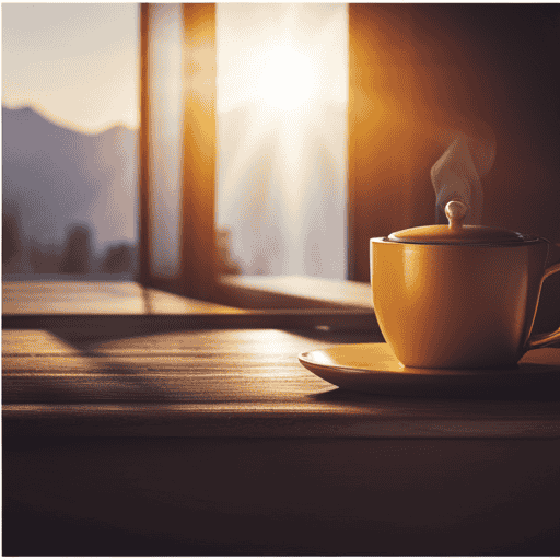An image showcasing a vibrant, early morning scene with a steaming cup of turmeric tea placed beside a sunlit window, casting golden hues on a serene empty table, inviting readers to ponder the benefits of drinking it on an empty stomach