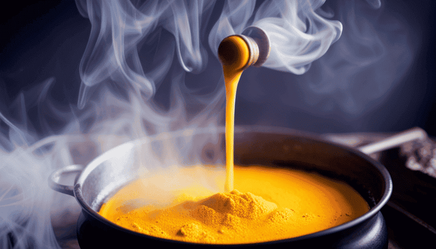 An image capturing a vibrant golden-yellow milk simmering in a pot, with the aromatic steam gently rising, as freshly ground turmeric powder is being swirled into the mixture, eliciting a warm and comforting ambiance