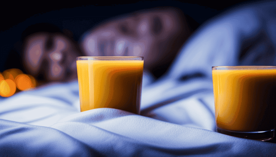 An image showcasing a tranquil bedroom scene at night, with a comforting cup of warm golden turmeric milk gently steaming on a bedside table
