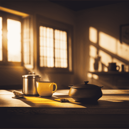 An image of a serene, rustic kitchen with a steaming cup of vibrant yellow turmeric tea on a wooden table