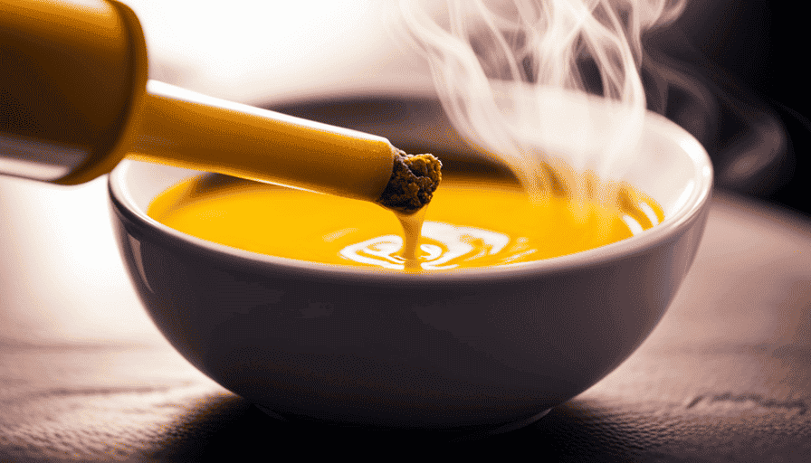 An image showcasing a vibrant yellow turmeric latte being poured into a cup, steam rising, with fresh turmeric roots and a mortar and pestle in the background, evoking a sense of health and wellness