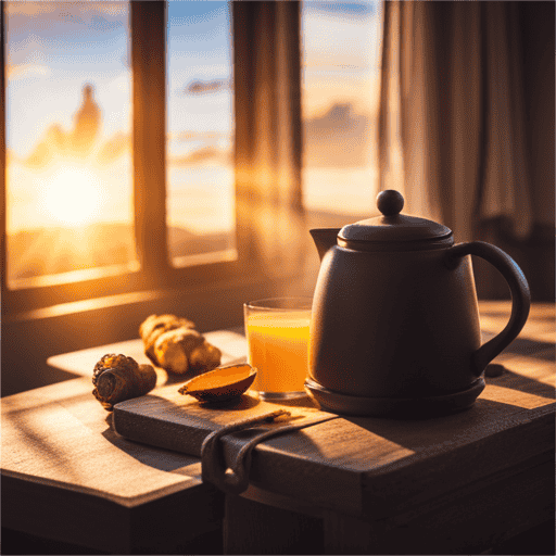 An image showcasing a serene morning scene, with a steaming cup of turmeric and ginger tea placed on a wooden table, surrounded by fresh turmeric roots and ginger slices