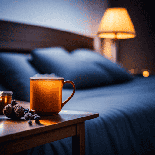 An image showcasing a serene night scene with a cozy bedroom, softly lit by a dim lamp
