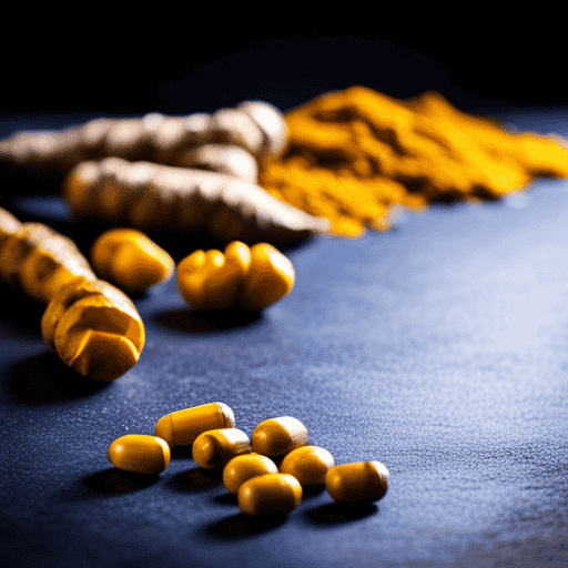 An image featuring a wooden cutting board with vibrant yellow turmeric capsules spilled out, surrounded by fresh turmeric roots, illustrating the daily consumption of turmeric capsules and its potential health benefits