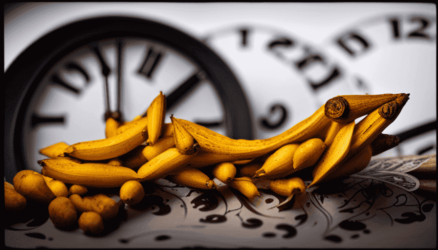 An image featuring a vibrant yellow turmeric root with visible signs of decay, surrounded by discarded calendar pages and a clock showing a time in the past