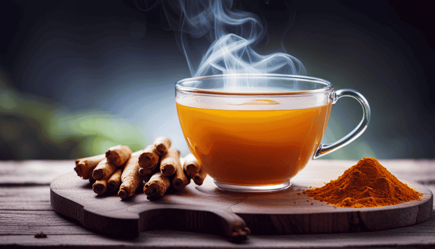 An image capturing a serene moment: an elegant teacup filled with steaming turmeric and ginger tea, surrounded by fresh ingredients and vibrant spices, all arranged on a rustic wooden tray