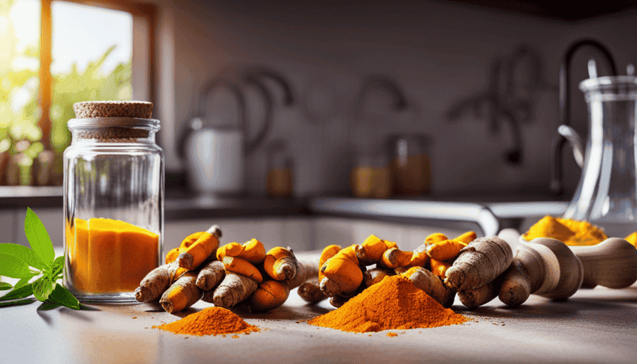 An image showcasing a serene, sunlit kitchen counter with a glass jar filled with vibrant golden turmeric and aromatic ginger roots
