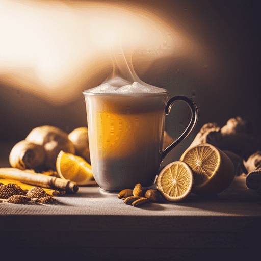 An image showing a steaming mug filled with a bright yellow lemon ginger and turmeric infusion, surrounded by freshly sliced lemons and ginger roots, symbolizing the soothing effects of this natural remedy for colds