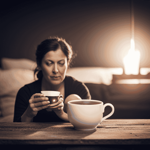An image depicting a serene, expectant mother sitting cross-legged, cradling a steaming cup of chamomile tea in her hands, surrounded by an assortment of non-herbal tea options on a rustic wooden table
