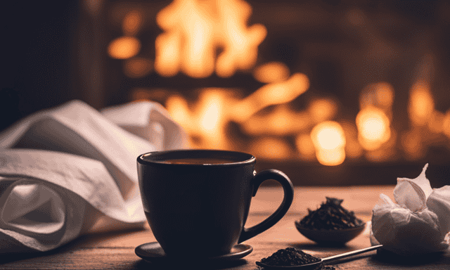 An image depicting a cozy, dimly-lit room with a steaming cup of fragrant oolong tea placed on a rustic wooden table, surrounded by tissues and a thermometer, portraying a comforting ambiance for someone feeling under the weather
