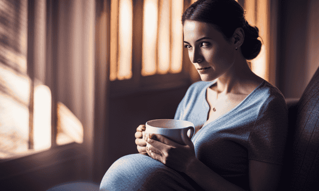An image depicting a serene, expectant mother in a cozy nook, cradling a warm cup of rooibos tea