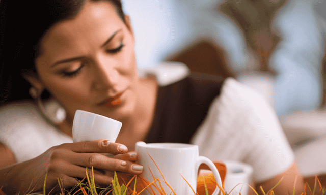 An image showcasing a serene scene with a woman surrounded by blooming rooibos tea plants, delicately sipping a warm cup of rooibos tea
