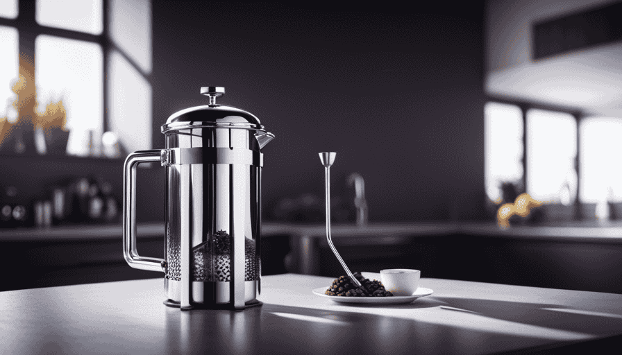 An image showcasing a sleek, stainless steel Coffee Gator French Press, glistening with morning sunlight