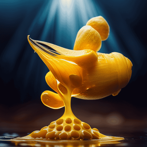 An image showcasing a vibrant yellow turmeric root being squeezed, releasing its golden liquid, while a fresh lemon is sliced, with droplets of its zesty juice glistening against a backdrop of inflamed cells
