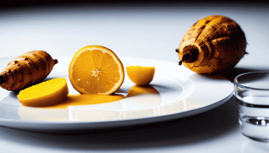 An image featuring a vibrant yellow turmeric root and a juicy lemon, sliced in half, placed on a clean white plate alongside a glass of water, symbolizing the potential benefits of turmeric and lemon for liver health