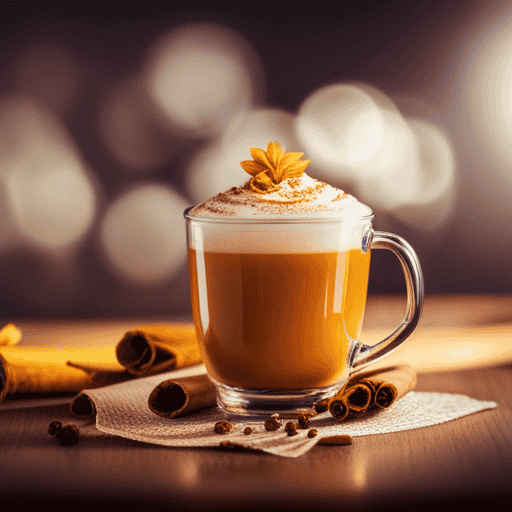 An image showcasing a steaming mug filled with golden turmeric chai latte, adorned with frothy milk art and a sprinkle of cinnamon on top