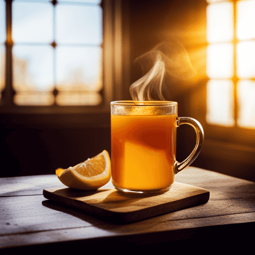An image featuring a vibrant cup of steaming turmeric detox tea, surrounded by fresh lemon slices and a sprinkle of cinnamon, all placed on a rustic wooden table with rays of sunlight filtering through a nearby window