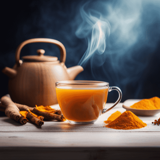 An image showcasing a steaming hot cup of turmeric ginger tea, surrounded by a variety of gluten-free ingredients such as fresh turmeric roots, ginger slices, and a gluten-free label on the tea bag