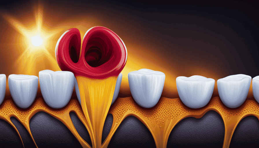 An image showcasing a close-up of inflamed gums, juxtaposed with a vibrant turmeric root, highlighting its anti-inflammatory properties
