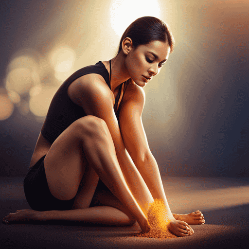An image showcasing a pair of vibrant, healthy knees surrounded by a soothing golden glow, with turmeric root and powder scattered nearby
