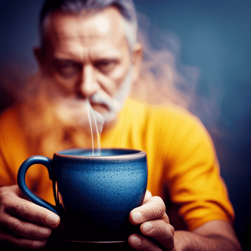 An image depicting a person with a soothing cup of turmeric-infused herbal tea, steam gently rising from the mug, while a serene expression captures the relief and comfort it brings to a mucus-filled cough