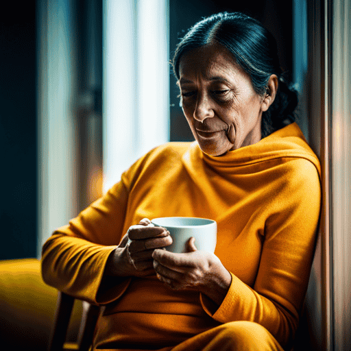 An image showcasing a serene nursing mother gently sipping a warm cup of turmeric-infused tea