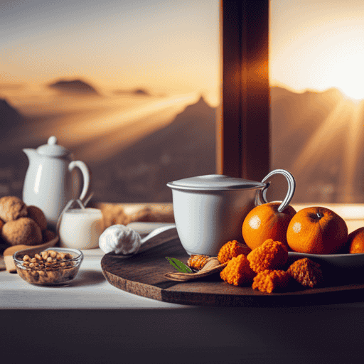 An image of a serene morning scene with a steaming cup of turmeric tea placed next to a balanced breakfast spread, showcasing fresh fruits, nuts, and a yogurt parfait