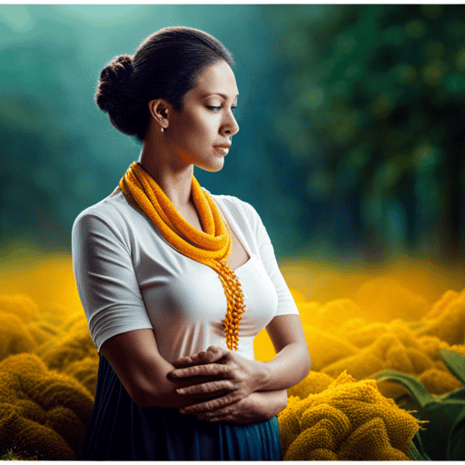 An image of a serene, expectant mother cradling a warm cup of turmeric tea, surrounded by vibrant yellow turmeric roots and leaves