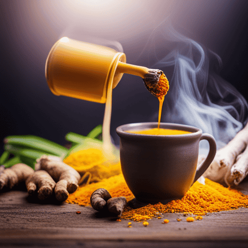 An image of a steamy mug of turmeric tea, surrounded by vibrant yellow turmeric roots and a sprig of fresh ginger