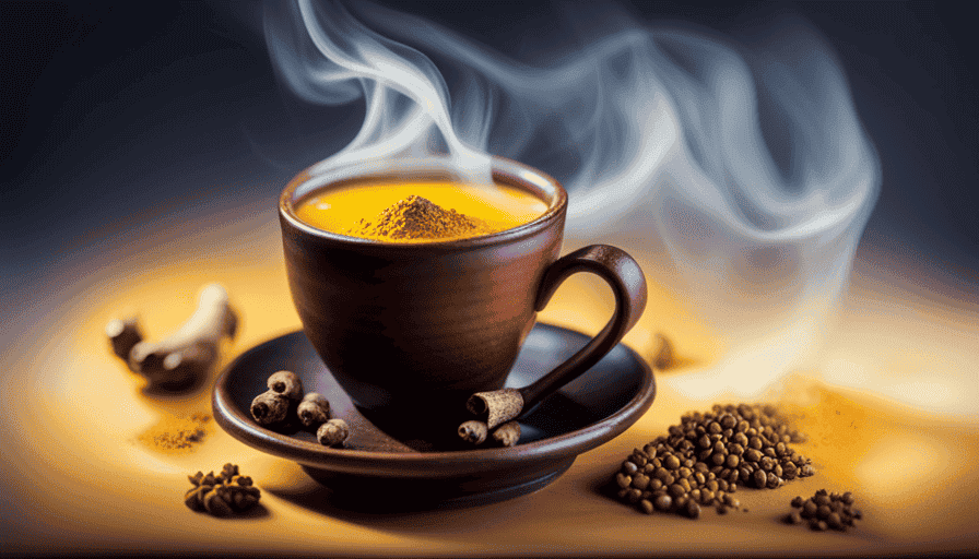 An image featuring a warm, comforting mug filled with vibrant yellow turmeric tea, surrounded by dried ginger, cinnamon, and peppercorns
