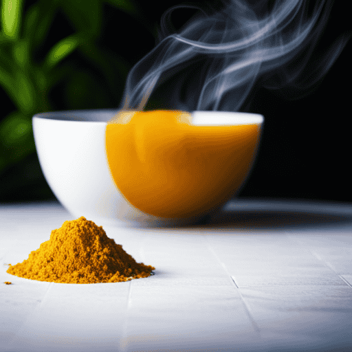 An image showcasing a steaming cup of golden turmeric tea, surrounded by fresh ginger, peppermint leaves, fennel seeds, and chamomile flowers, reflecting its potential to alleviate gas and bloating