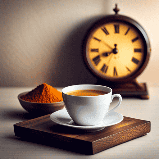 An image showcasing a serene morning scene with a warm cup of turmeric tea placed beside a clock, symbolizing the harmony of intermittent fasting and the potential benefits of turmeric during this fasting period