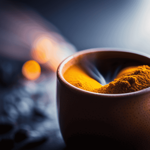 An image of a steaming mug filled with vibrant yellow turmeric tea, surrounded by different types of pain-relieving botanical ingredients like ginger, cinnamon, and cloves