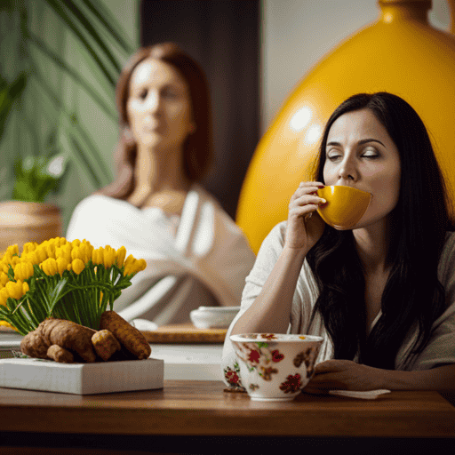 An image depicting a serene pregnant woman gently sipping homemade turmeric tea from a delicate floral teacup, surrounded by vibrant yellow turmeric roots and fresh ingredients, embodying the question of its safety during the first trimester