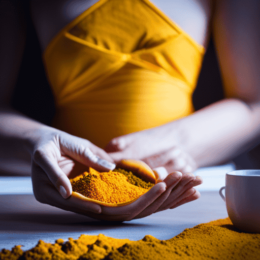 An image depicting a serene pregnant woman holding a steaming cup of turmeric tea, surrounded by vibrant yellow turmeric roots and blossoming flowers, symbolizing the potential benefits and natural beauty of this herbal beverage