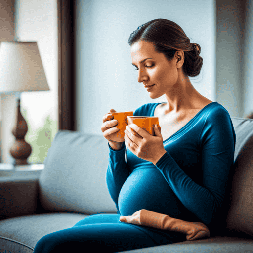 An image depicting a serene pregnant woman in her second trimester, savoring a warm cup of turmeric tea