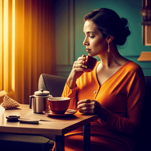 An image showcasing a serene pregnant woman sipping on a warm cup of turmeric tea, surrounded by vibrant yellow hues