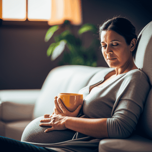 E image of a pregnant woman gently cradling her baby bump, sitting cross-legged on a cozy couch, sipping a warm cup of turmeric tea from a delicate porcelain mug